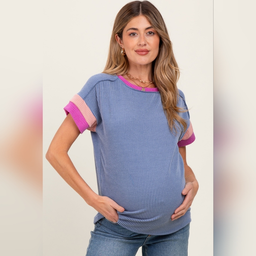 Pinkblush Blue Ribbed Maternity Top with Pink and Light Pink Trim